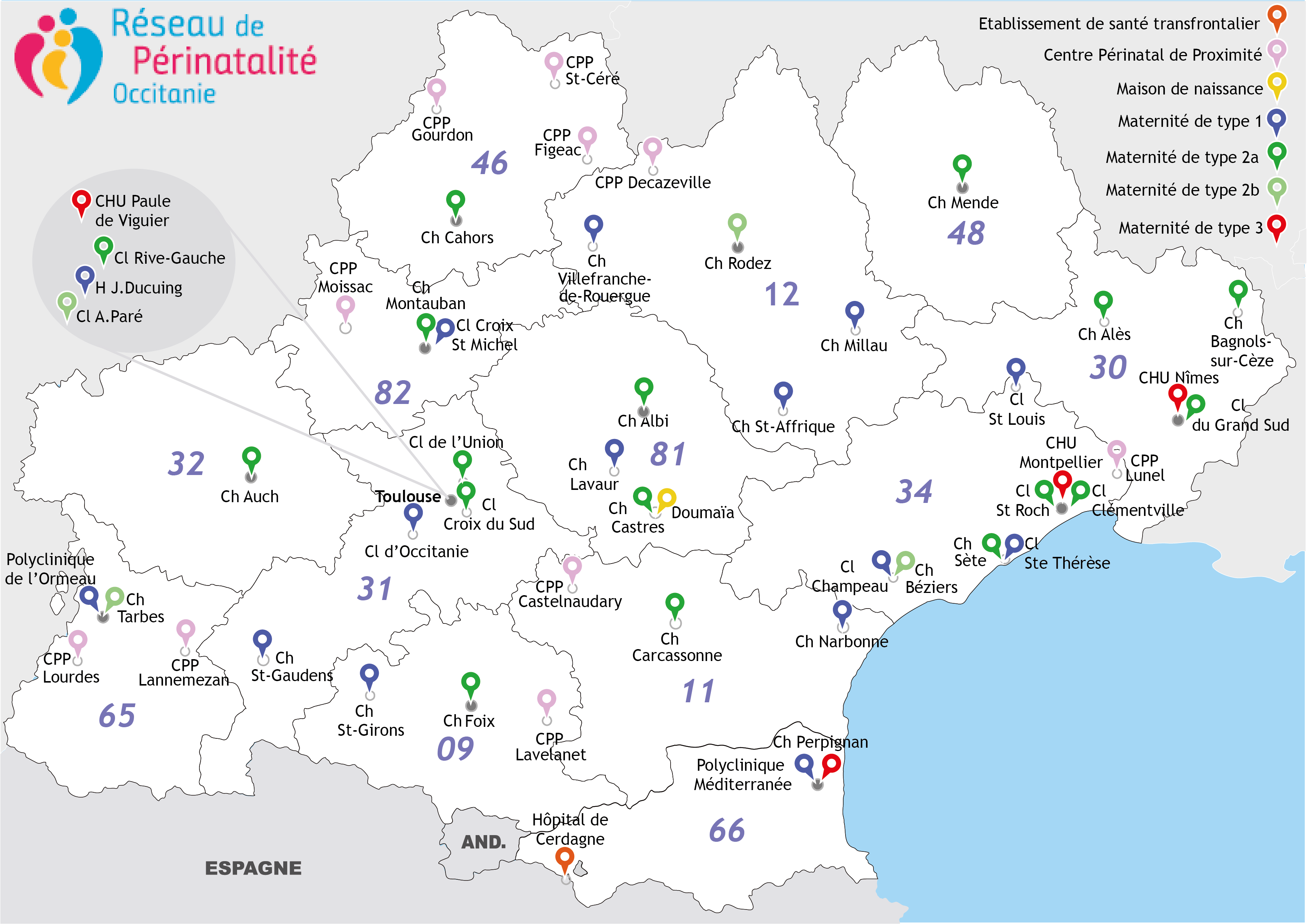 Carte des maternités d'Occitanie